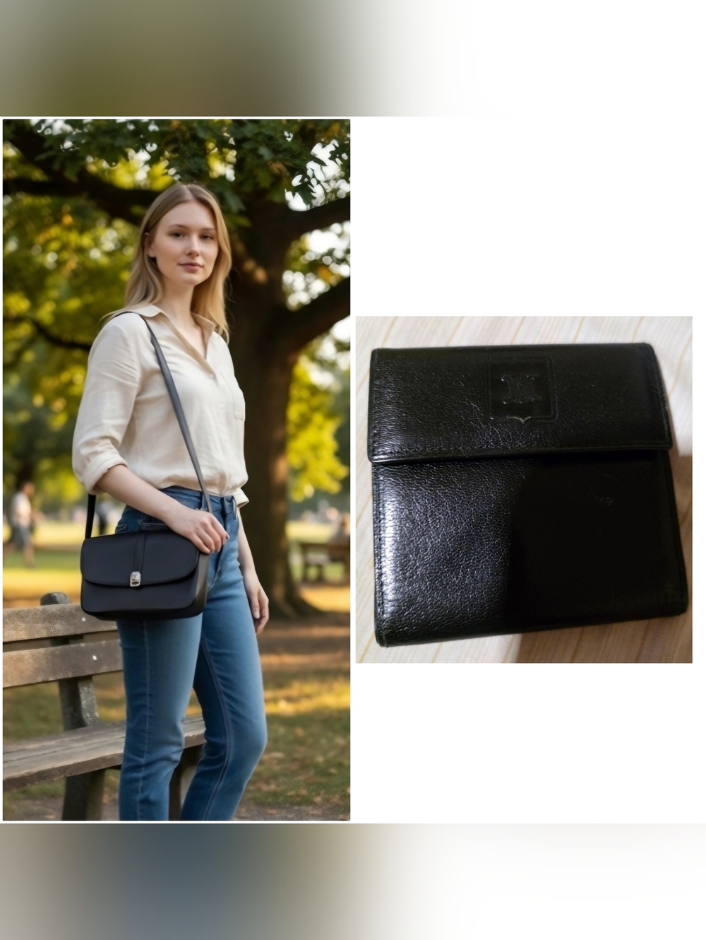 Celine Vintage Shoulder Bag And Wallet Set Black Leather